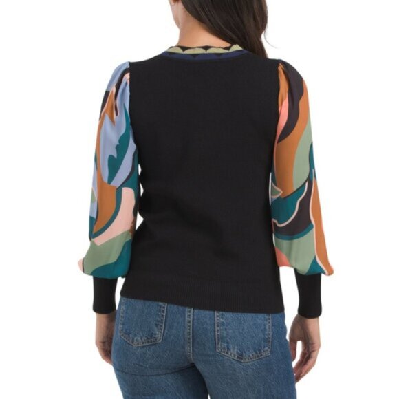 RIO & RIAN Black Mixed Media Crew Neck Balloon Sleeve Sweater - Picture 2 of 2